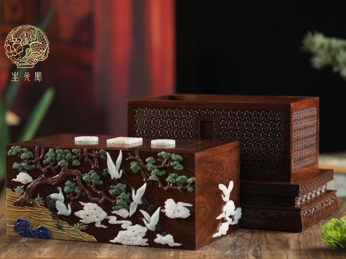 Crane Beneath the Pine Lacquer Urn — red-crowned crane and ancient pine in gold on lacquer
