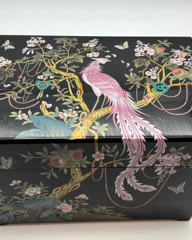 Phoenix at the Wutong Lacquer Urn — pink phoenix on a black lacquer ground