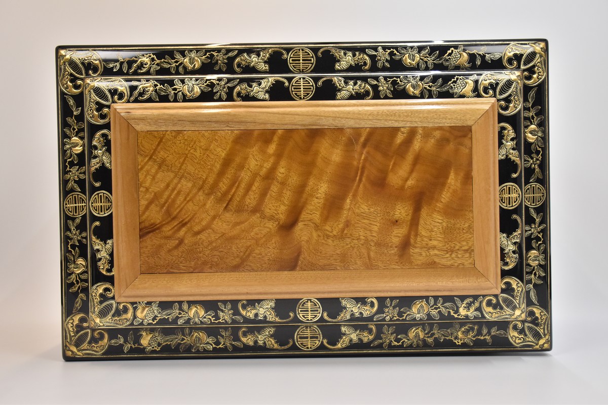 River Cliffs Pavilion Lacquer Urn — riverbank and cliff landscape in relief gold on black lacquer