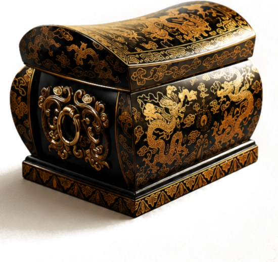 Handcrafted Chinese lacquer memorial urn with gold dragon ornament and gilded clasp, photographed on a warm paper ground