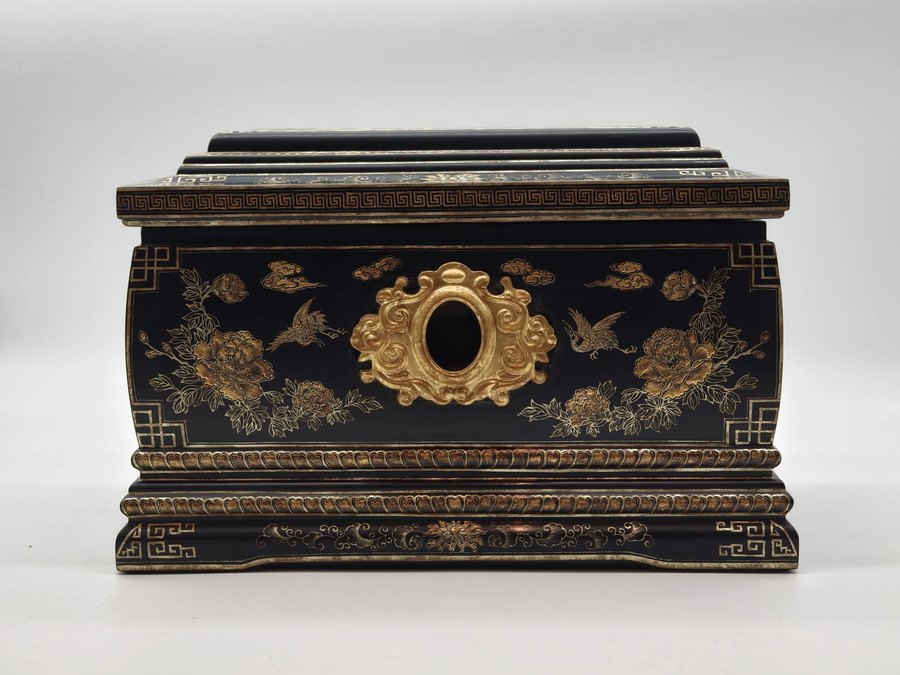 Crane and Peony Lacquer Urn — handcrafted Chinese lacquer cremation urn, Eternal Collection, reference EC-001