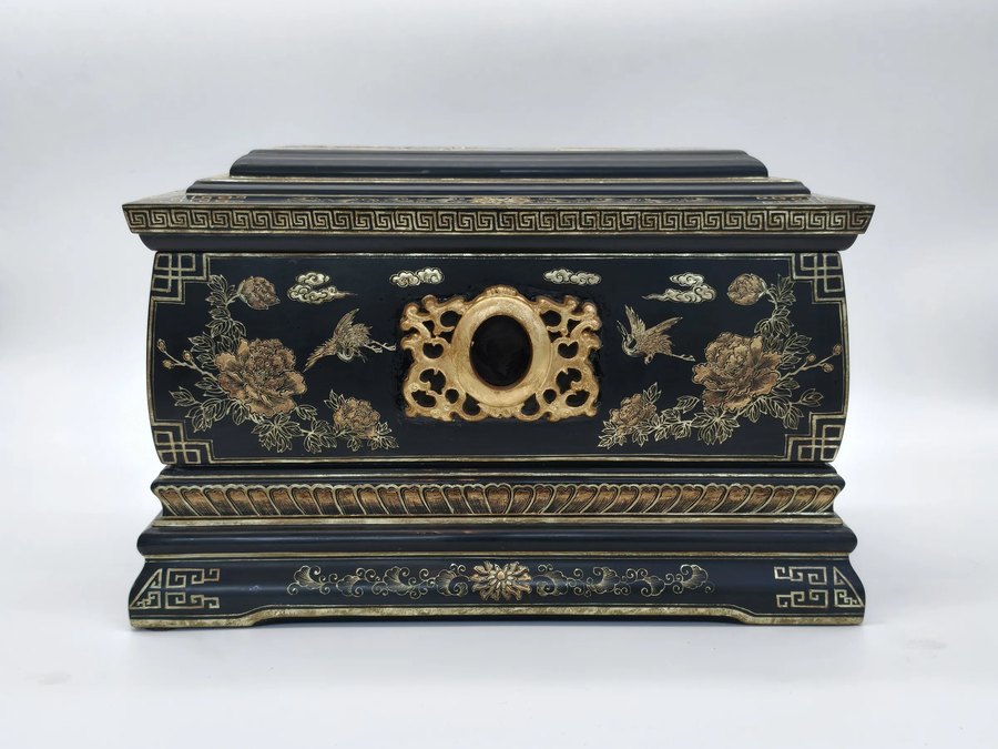 Black and Gold Peony Lacquer Urn — handcrafted Chinese lacquer cremation urn, Eternal Collection, reference EC-002