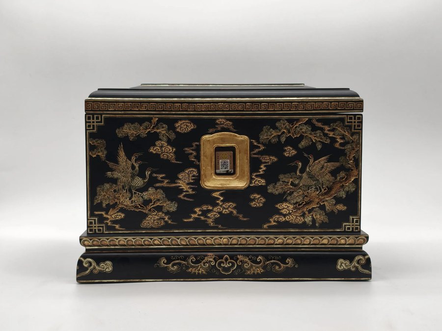 Auspicious Cranes and Pine Lacquer Urn — handcrafted Chinese lacquer cremation urn, Eternal Collection, reference EC-005
