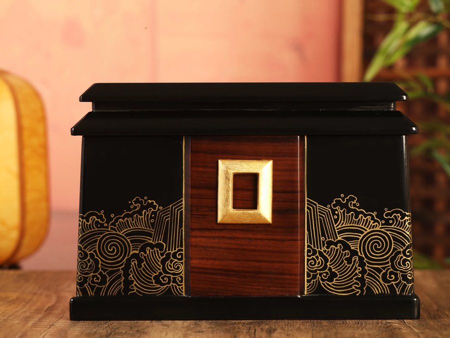 Golden Sea Pavilion Lacquer Urn — handcrafted Chinese lacquer cremation urn, Eternal Collection, reference EC-009