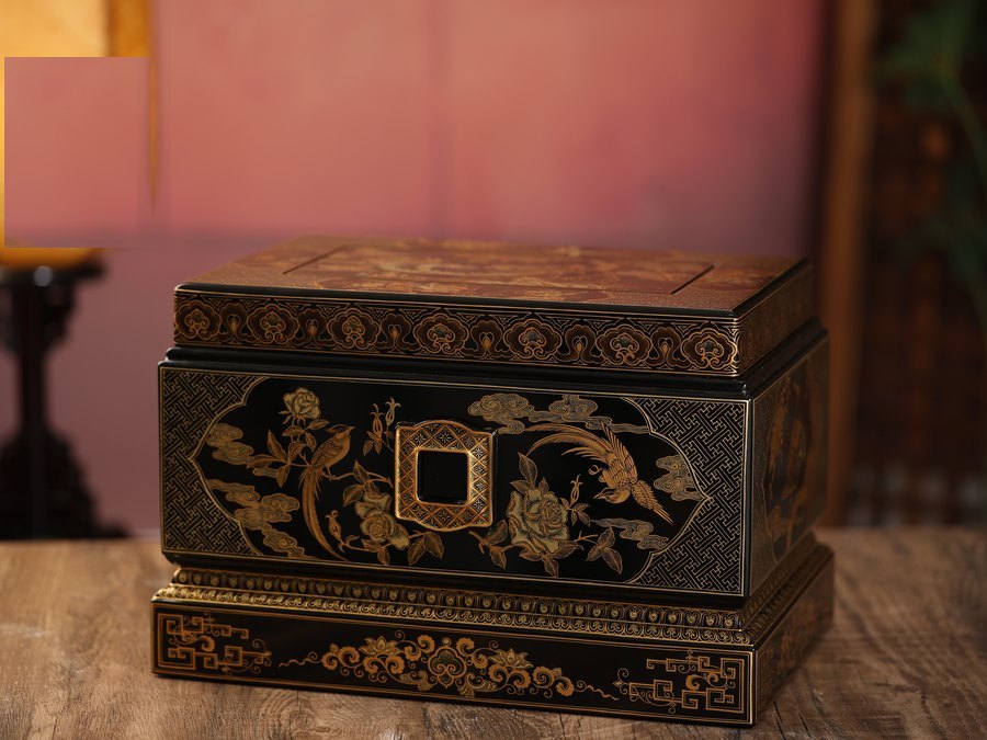Heritage Collection — Phoenix Court Lacquer Urn, a central phoenix encircled by birds and flowering branches in gold line on deep lacquer