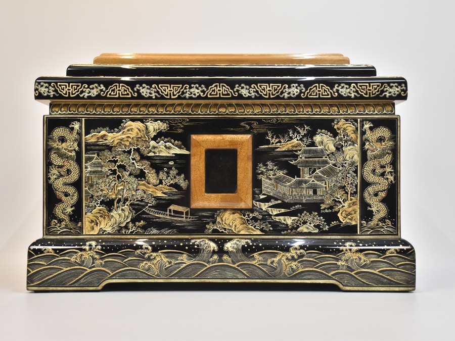 River Cliffs Pavilion Lacquer Urn — handcrafted Chinese lacquer cremation urn, Heritage Collection, reference HC-005