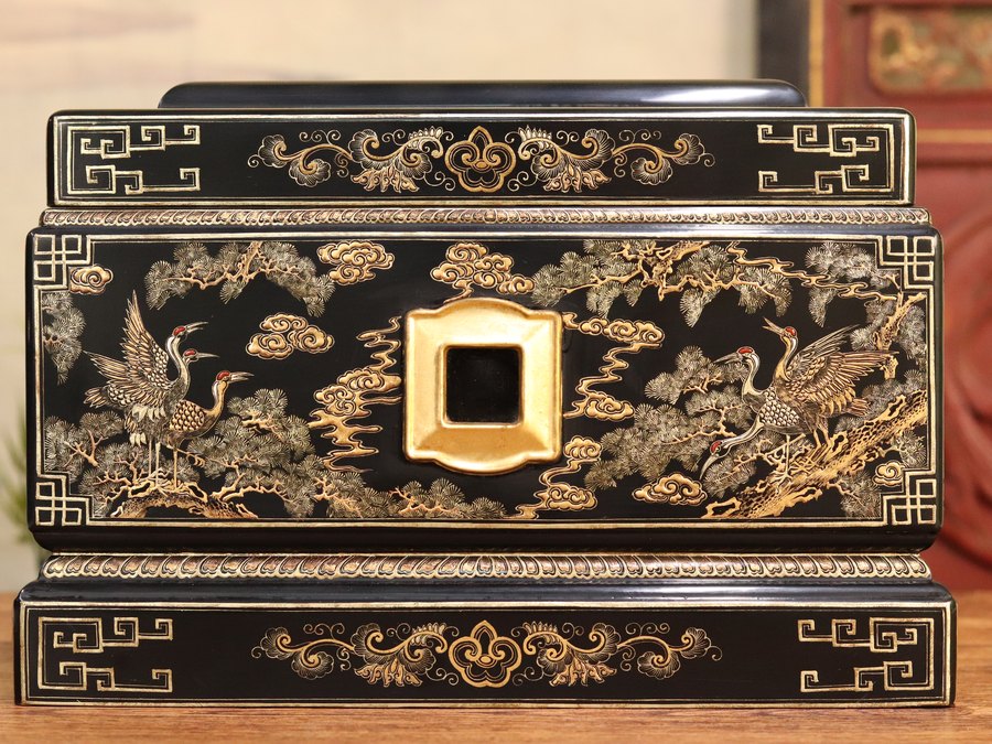 Golden Pine and Crane Lacquer Urn — handcrafted Chinese lacquer cremation urn, Heritage Collection, reference HC-006