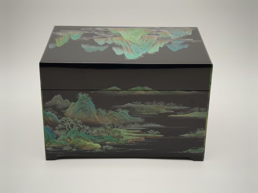 Verdant Peaks Lacquer Urn — handcrafted Chinese lacquer cremation urn, Obsidian Collection, reference OC-001