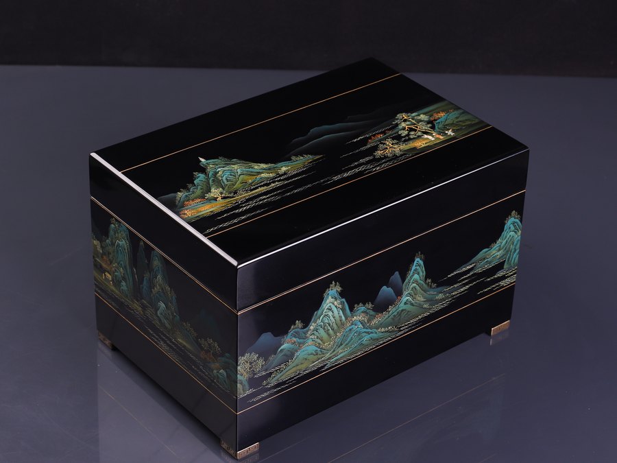 Indigo Mountains Lacquer Urn — handcrafted Chinese lacquer cremation urn, Obsidian Collection, reference OC-002