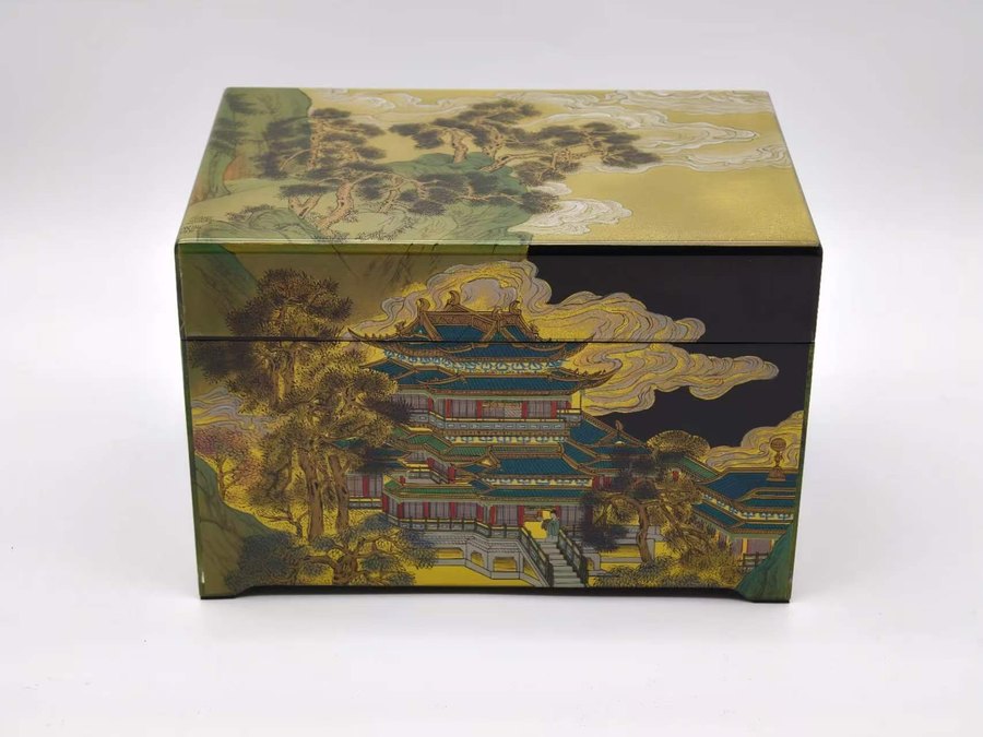 Golden Pines by the Pavilion Lacquer Urn — handcrafted Chinese lacquer cremation urn, Obsidian Collection, reference OC-004