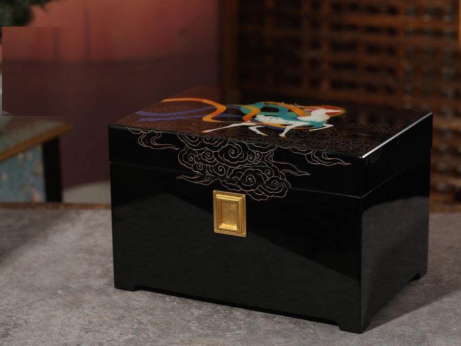 Nine-Colored Deer Lacquer Urn — handcrafted Chinese lacquer cremation urn, Obsidian Collection, reference OC-006