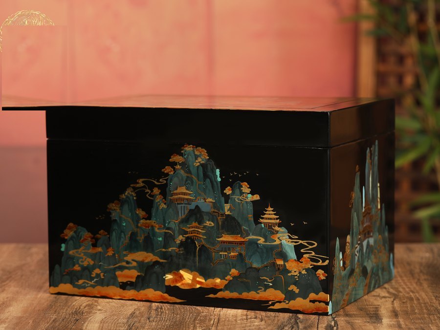 Obsidian Collection — Celestial Pavilion Lacquer Urn, gold mountains, cloud seas and pavilions drawn across black lacquer