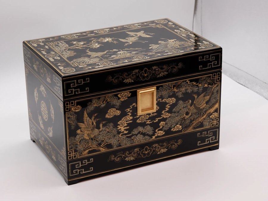 Golden Pine and Crane Black Lacquer Urn — handcrafted Chinese lacquer cremation urn, Obsidian Collection, reference OC-011